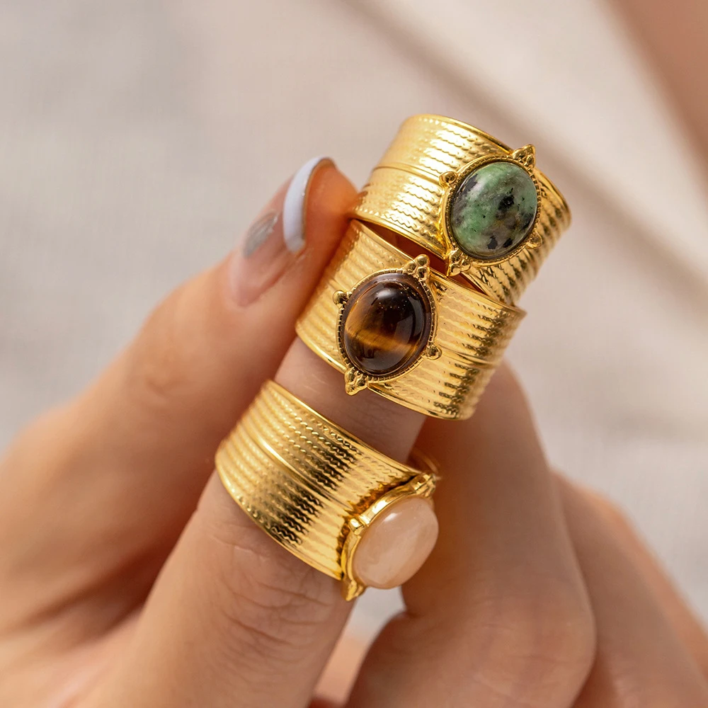 

Fashion Vintage Natural Stone Ring Stainless Steel Ring Adjustable Opening Ring 18K Gold-plated Rings for Men Rings for Women