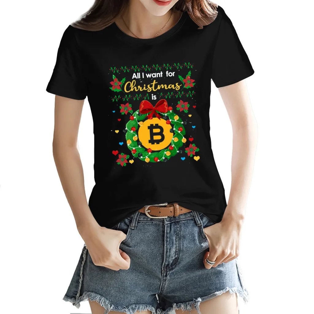 

Vintage Bitcoin christmas Bitcoin Christmas Blockchain Crypto Round neck T-shirt Black Geek HarajukuTees Tops European Size