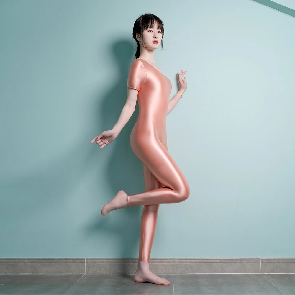 DROZENO Women's swimsuit high elastic gloss bodysuit Body shaping bodybuilding sport jumpsuit Women's short sleeve cropped pants