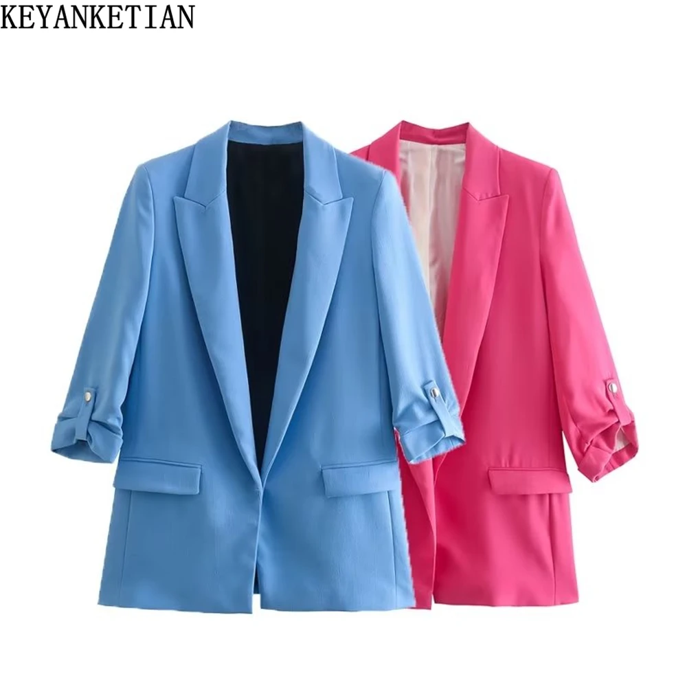 

KEYANKETIAN women's spring clothes new commuter wind can roll sleeve leisure suit jacket slim mid-length no button suit top
