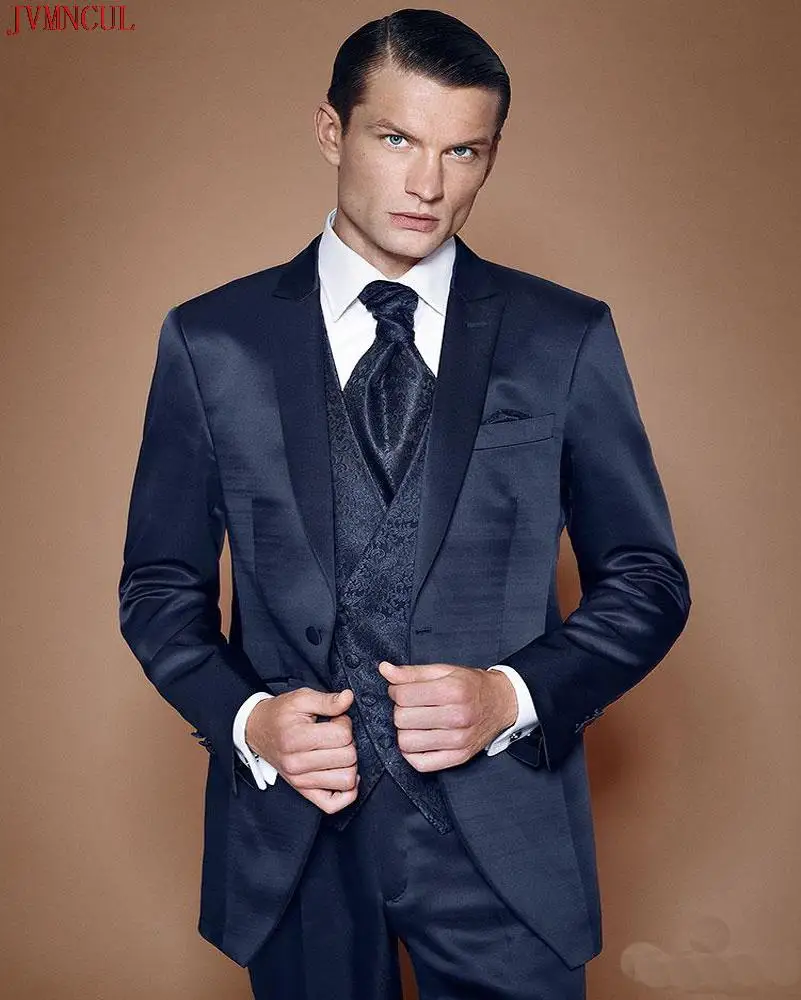

2022 Pattern Vest Shinay Navy Blue Wedding Prom Men Suits Groom Tuxedos Terno Masculino Costume Homme Slim Fit Blazer 3 Pieces