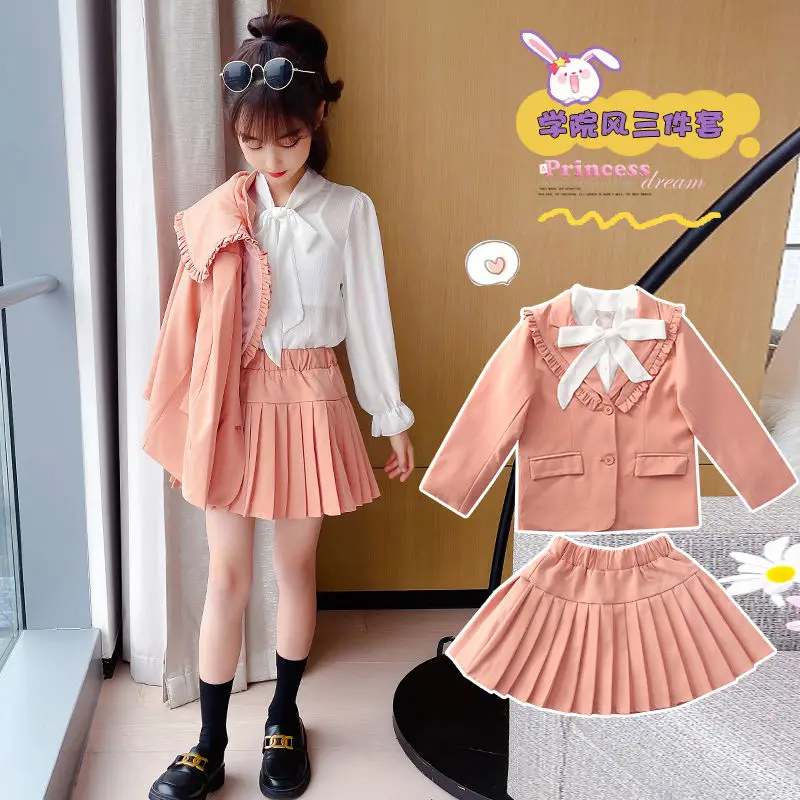 

Girls College Style Jk Uniform Suit Student Floral Collar Jacket+White Shirt+Pleated Skirt 3Pcs Set Junior Kid Clothes for 4-15Y