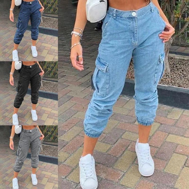 

2023 new jeans woman Side pockets slouchy Women's breeches pants harem Light blue Navy blue black grey denim Fashion jogger 2XL