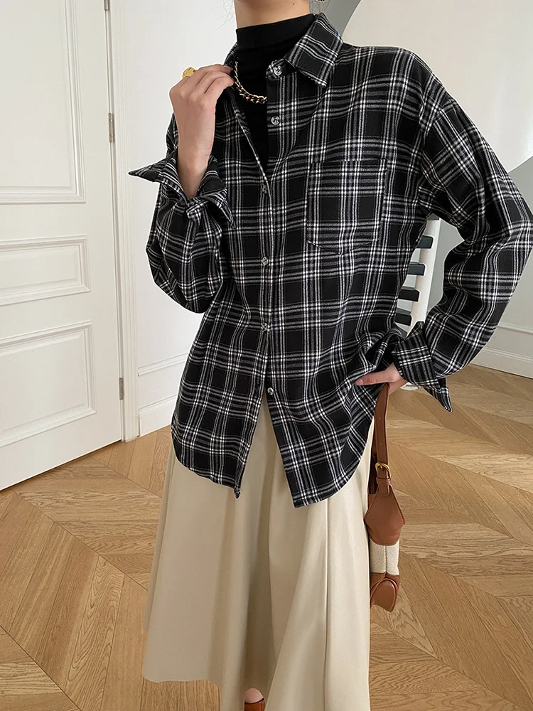 Женская Толстая Блузка в клетку черная элегантная Свободная рубашка с отложным