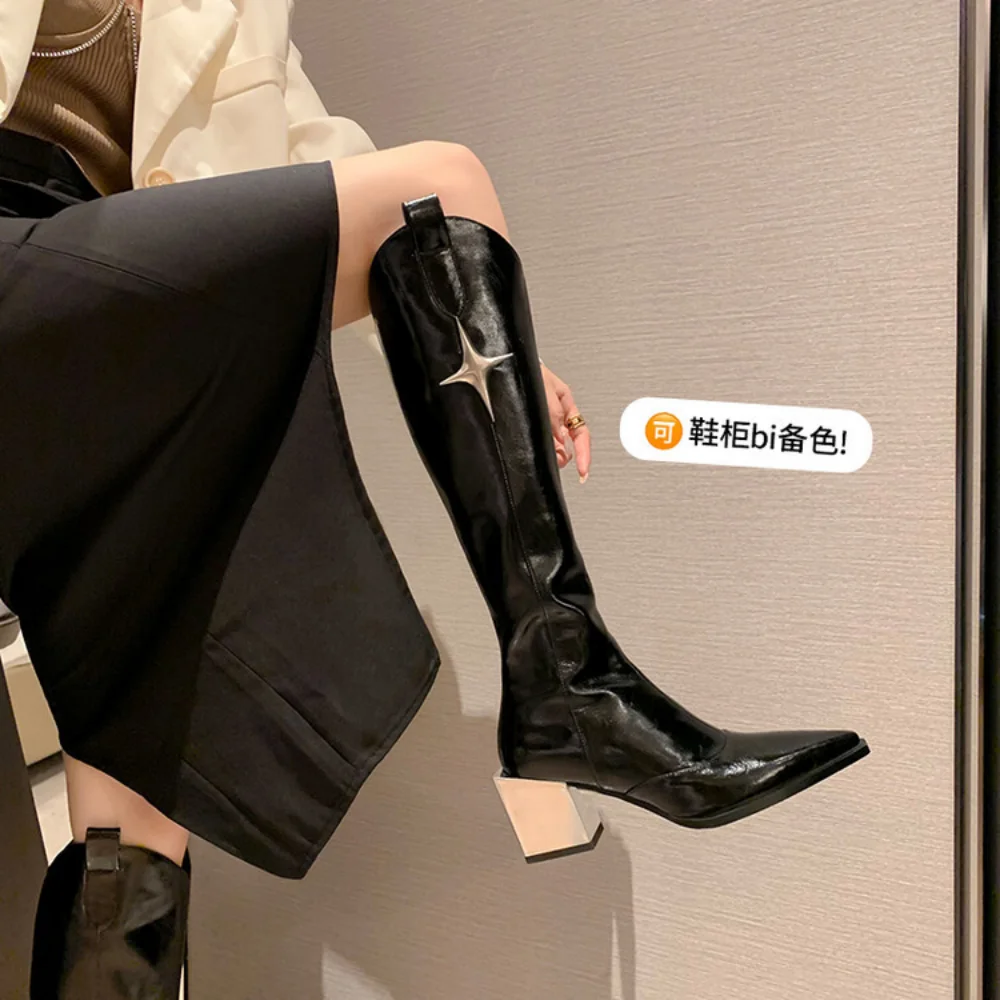 Style Pointed Toe Long Boots Women Autumn Silver Thick Heels Knee High Boots Woman Zipper Pu Leather Cowboy Botas