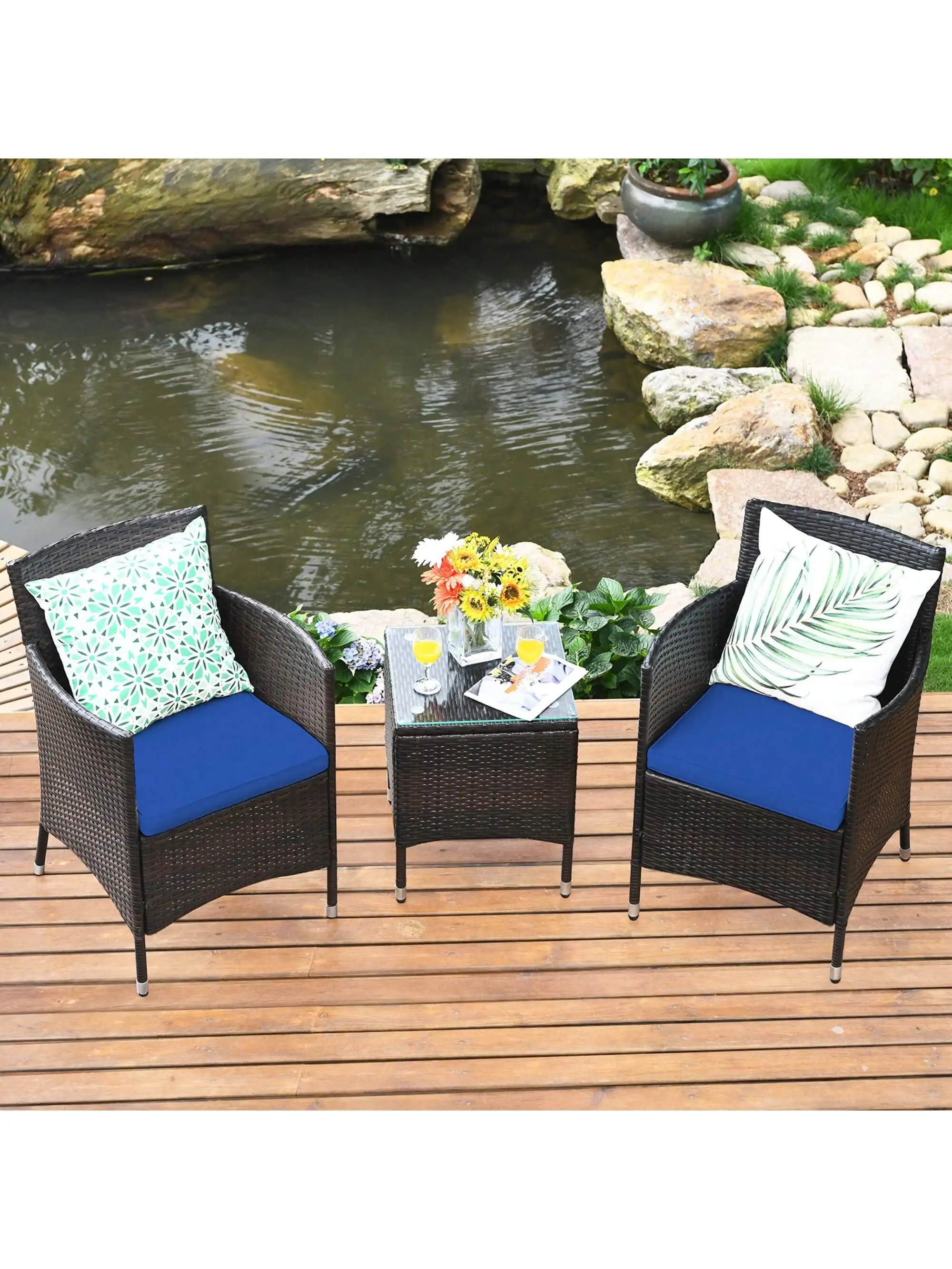 

3PCS Patio Rattan Chair & Table Furniture Set Outdoor w/ Cushion