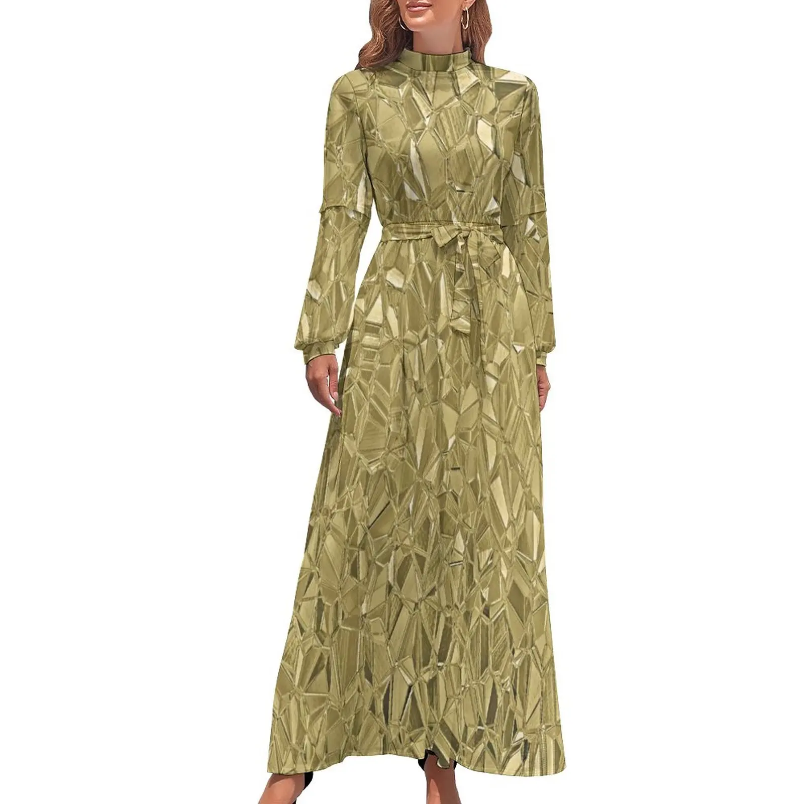 

Gold Faux Metallic Dress Shiny Metal Gemstone Print Long Sleeve Vintage Maxi Dress Boho Beach Long Dresses High Waist Vestido
