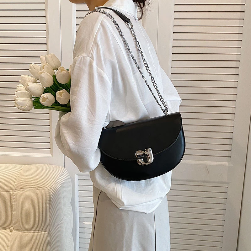 

Retro Crossbody Handbags Women Semicircle Small PU Leather Shoulder Bag Solid Color Half Round Messenger 2023 New Bag Satchel
