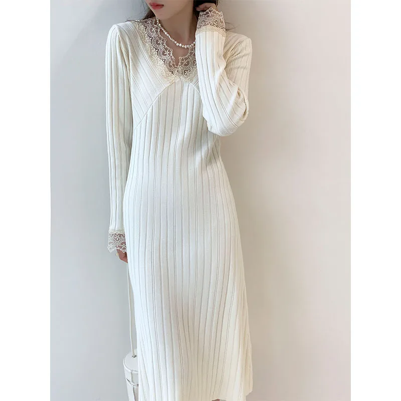 

Женское кружевное платье-свитер средней длины, вечерние V-образным вырезом