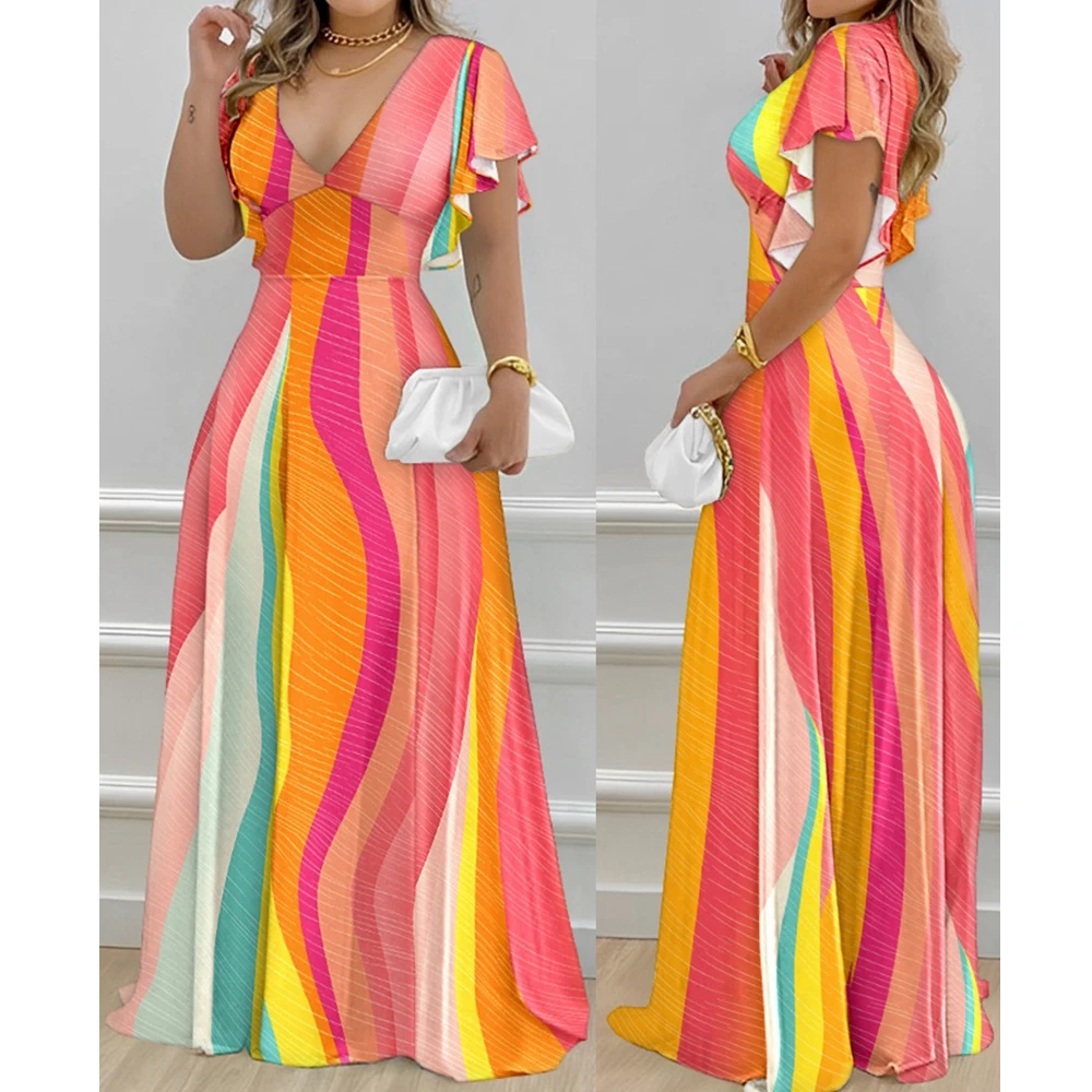 

Wepbel Waist-Slimming Long Dress V-neck Slim Fits Printed Maxi Dress Women Short Flying Sleeve Big Swing Long Floral Dress