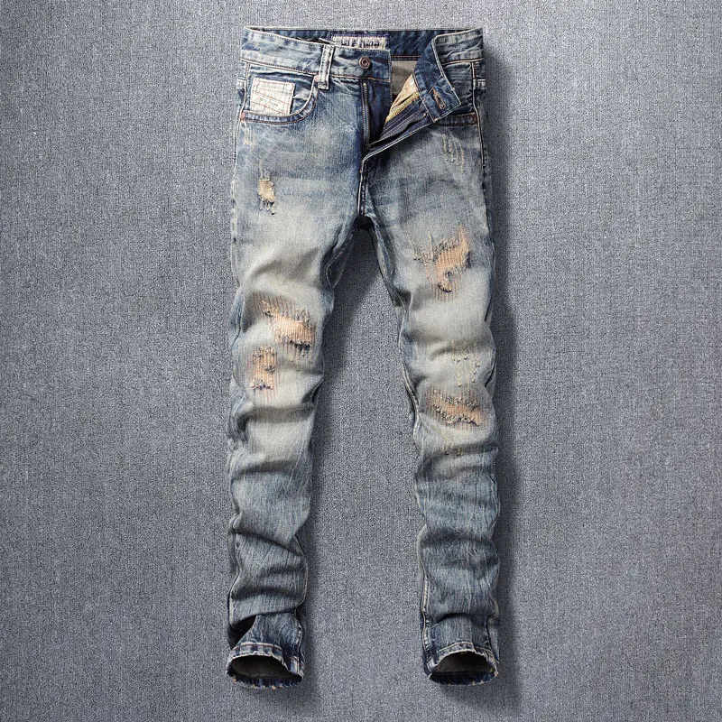 Newly Designer Fashion Men Jeans Retro Washed Slim Fit Ripped Jeans Men Distressed Patched Trousers Vintage Denim Pants Hombre