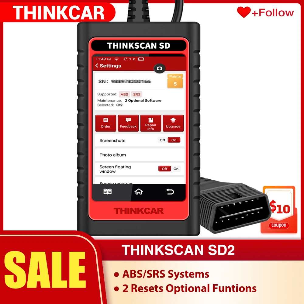 

ThinkScan SD2 OBD2 Scanner ABS SRS Auto Diagnostic Tool Enhanced Scan Tool with 2 Reset Function Lifetime Free Update Code Read