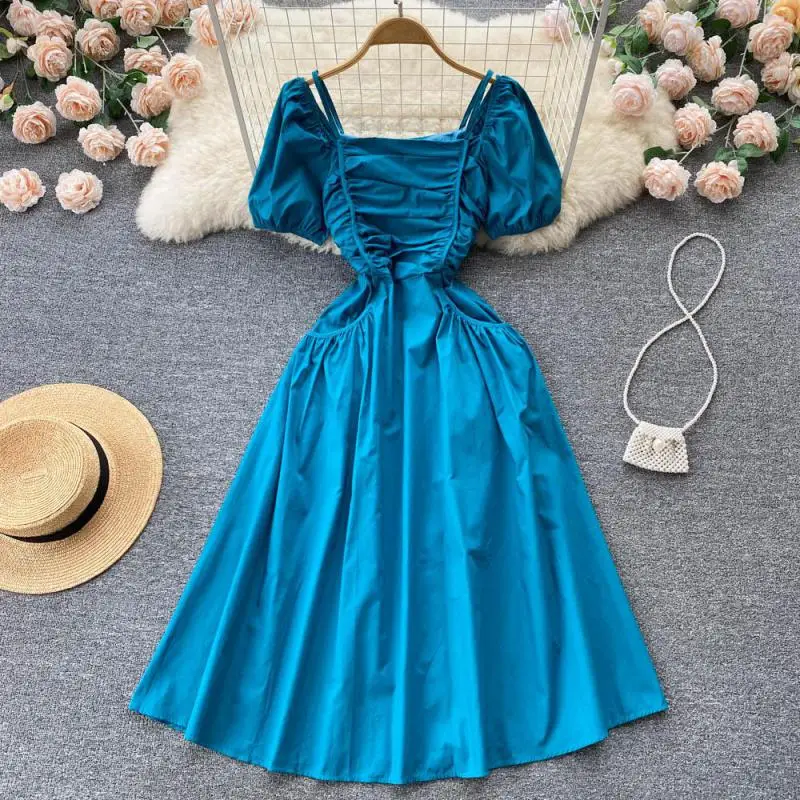 

WEIHAOBANG 2022 Summer Women's New Solid Color Square Neck Suspender Bubble Short Sleeve Pleated Medium Long High Waist Dress