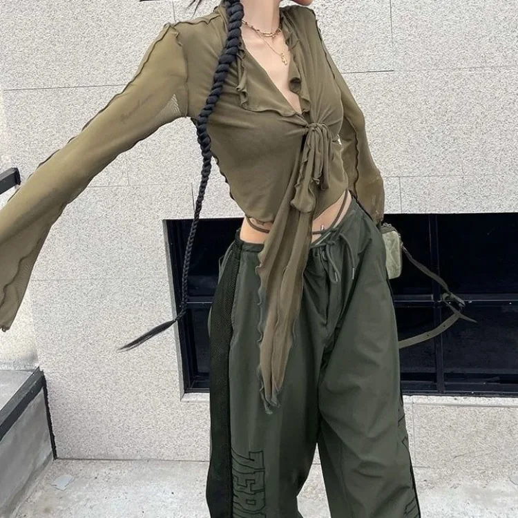 Асимметричные оборки Y2K блузки для женщин летний бандажный кроп-топ с