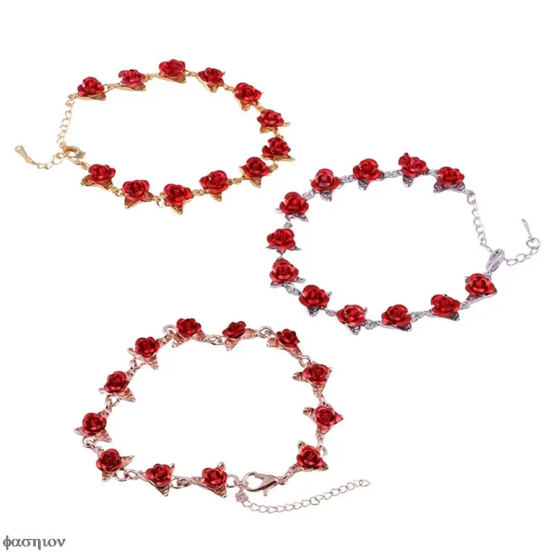 

22cm Rose Gold Color Link Chain Romantic Bracelet With Red Enamel Rose Jewelry Valentine Gift For Lover