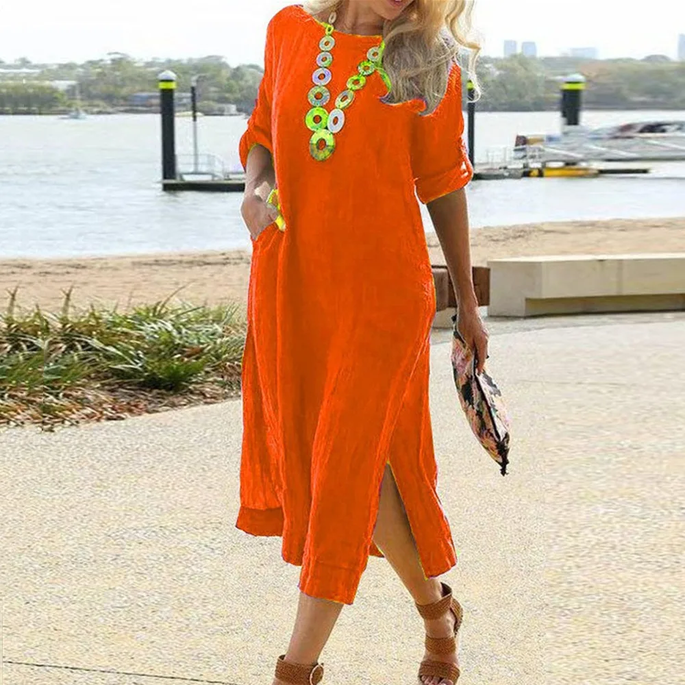 Платье для отпуска женское с разрезом оранжевое Боковым Разрезом халаты пляжная
