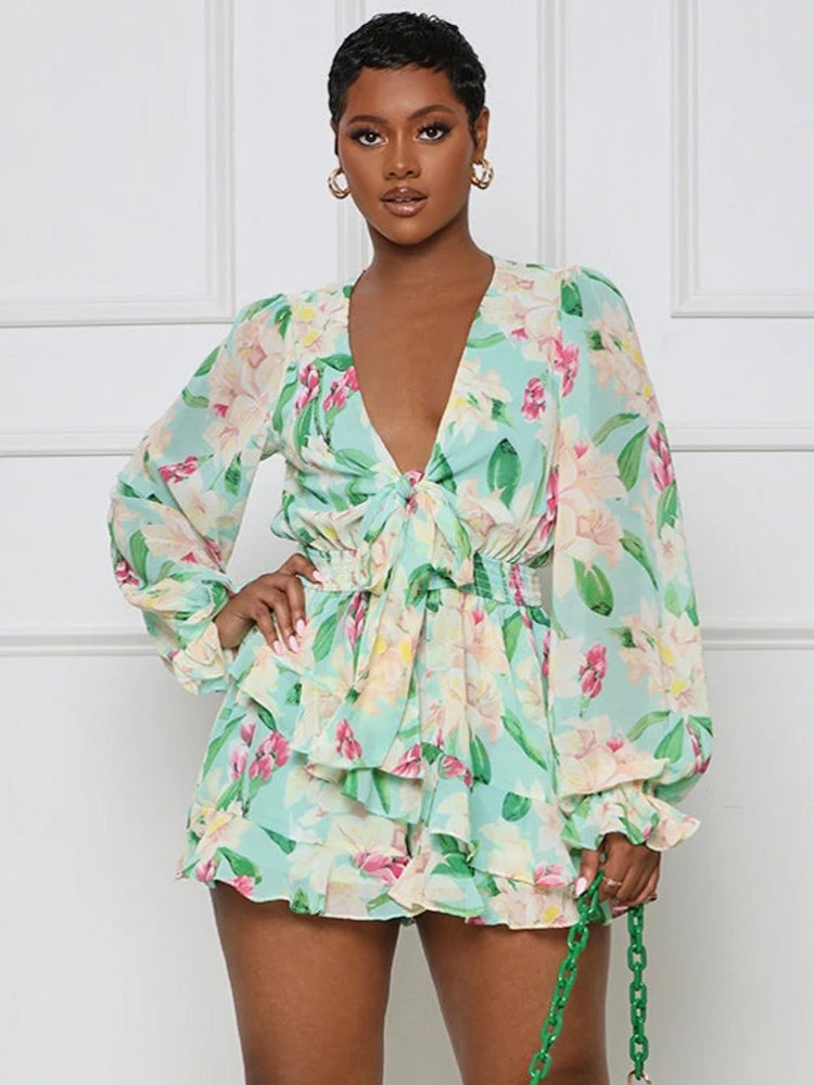 

Summer Surplice Front Allover Floral Print Long Sleeve Playsuits Women Deep V Neck Wide Leg Pants Rompers Ladies Casual Jumpsuit