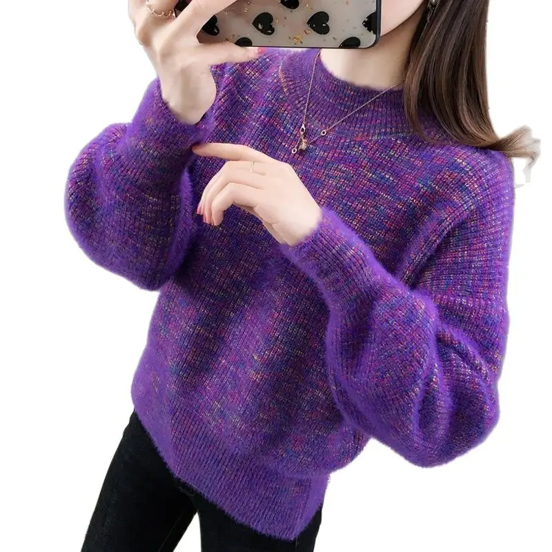 

2023 Autumn Winter Knitt Sweater Women Loose Pullover Long Sleeve Half-Turtleneck Imitation Mink Velvet Bottoming Sweaters KW342