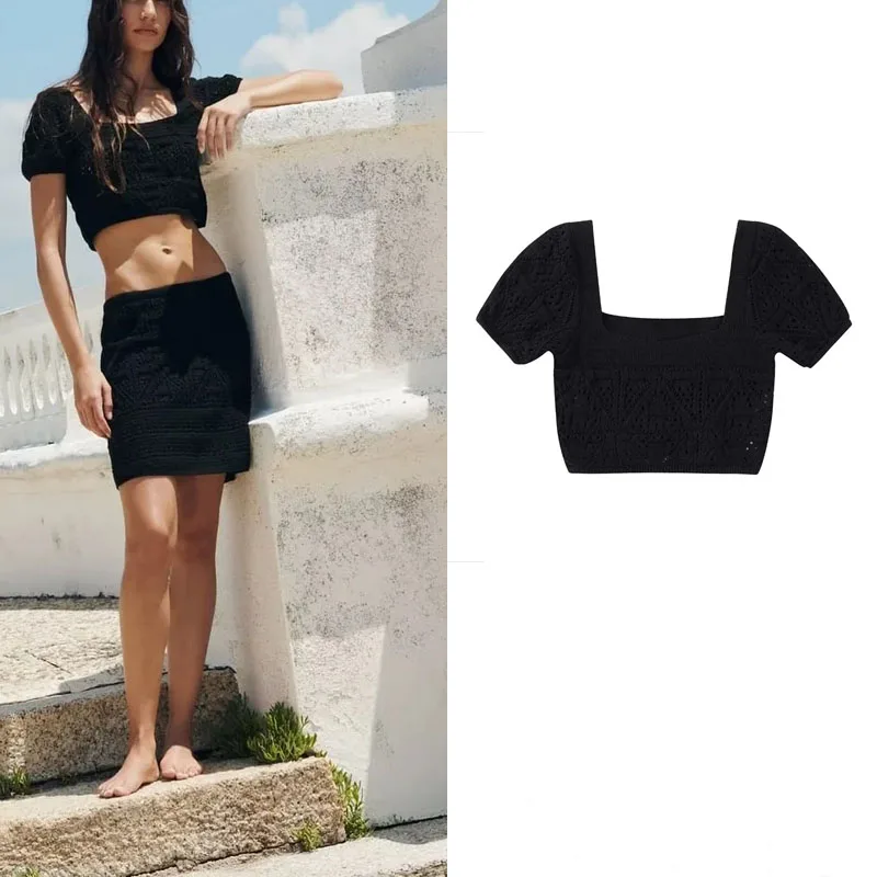

TRAF Black Squared Neck Top Short Balloon Sleeves 2023 Summer Women's Chic Advanced Minimalism Top High Waist Mini Skirt Sets
