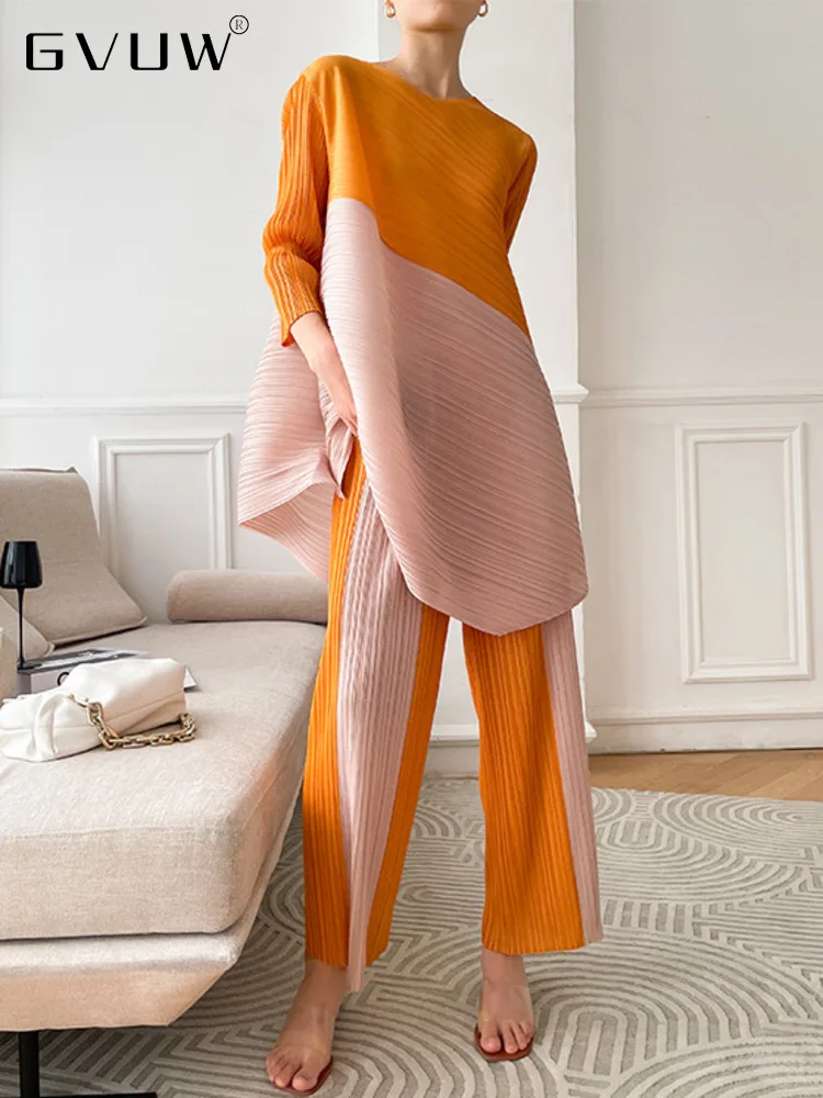 

GVUW Two Pieces Set For Women Color Block Pleated Long Loose Shirt Wide Leg Pants Female Fashion Clothing 2023 Summer 17C118