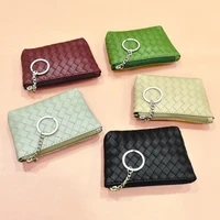small coin purse for women braided leather mini wallet zipper change coin pouch earphone organizer with keychain woven pattern