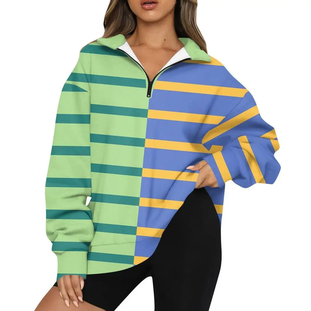 Женский осенний свитер-поло с цифровой печатью 2024 модный повседневный полосатый