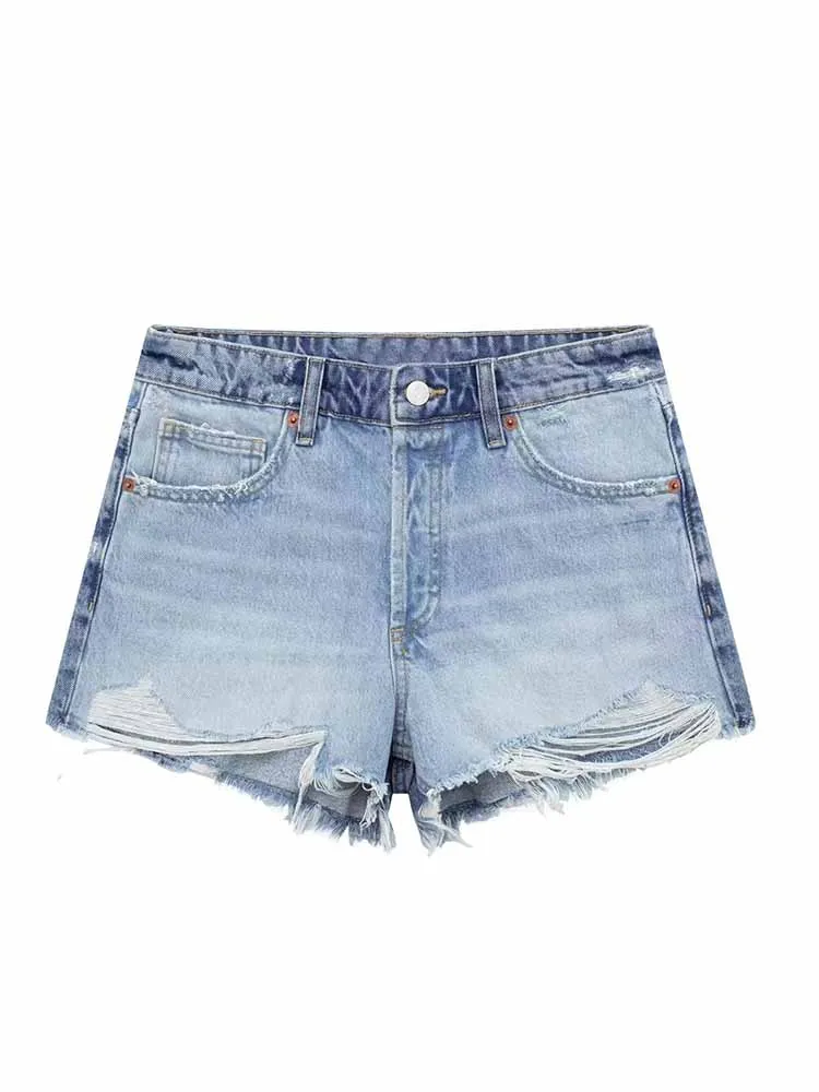 

BSK&ZA&TRF Women New Chic Fashion Broken edge decoration Casual Denim Shorts High Waist Button-up Female Skorts Mujer 4365/003