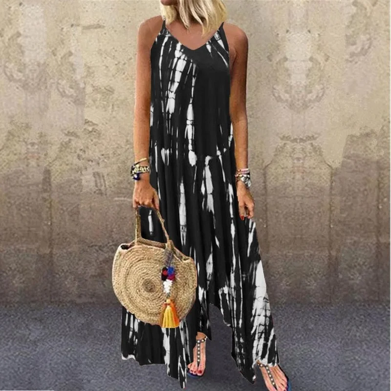 

Summer Dresses Boho Beach Style Irregular Tie Dye Print Dress Women V-neck Casual Loose Maxi Long Spaghetti Strap Dress Party
