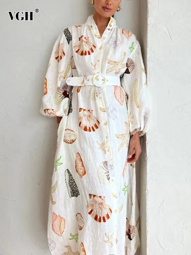 

VGH Hit Color Patchwork Belt Casual Dress For Women Stand Neck Lantern Sleeve High Waist Minimalist Dresses Female Fashion New