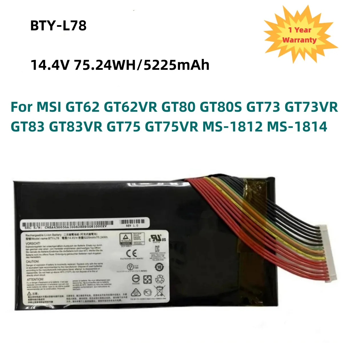 Новый аккумулятор для ноутбука BTY-L78 75 24WH MSI GT62 GT62VR GT80 GT80S GT73 GT73VR GT83 GT83VR GT75 GT75VR MS-1812