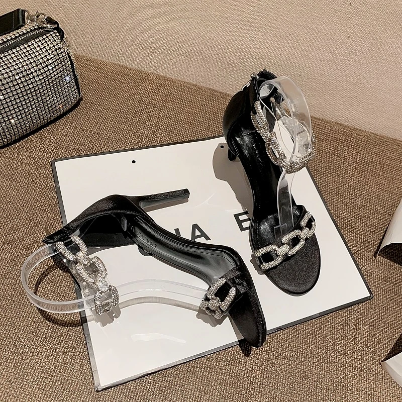 2023 New Summer Women's High-heeled Sandals, Small Fragrant Style, High-heeled Shoes, Rhinestone Fairy Style Sandals