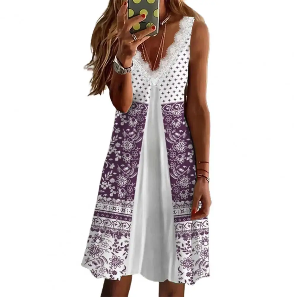 

Elegant V Neck Vintage Print Dress Sleeveless Large Hem Mini Dress Elegant Vintage Print Lace Collar Lady Dress Female Clothing