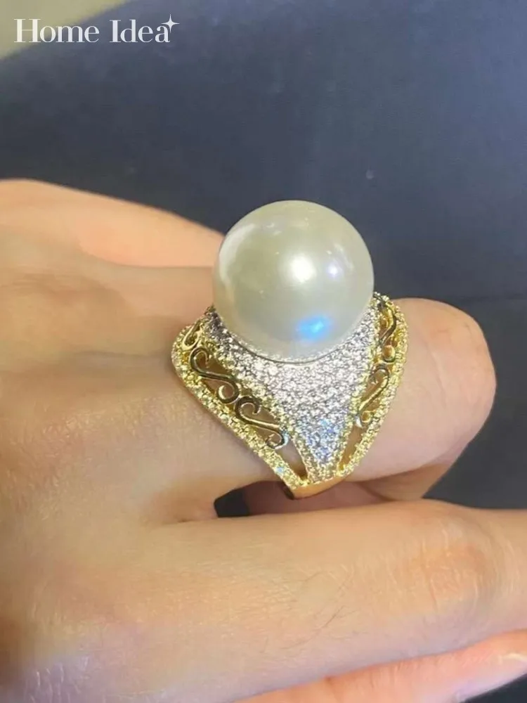

Women 16mm Big Pearls Shiny Diamonds Rings Ladies Banquet Vintage Jewelry Two Colors Zircon Ring