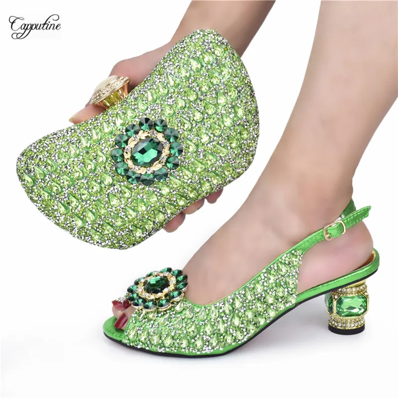 

Green Woman Sandals And Bag Set Luxury African Ladies Stones Shoes Match With Clutch Handbag Pumps Sandalias De Mujer 938-63