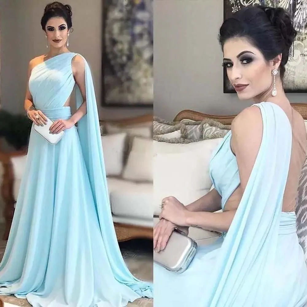 2022 licht Blau Mutter der Braut Kleid Eine Schulter Plissee Chiffon Lange Saudi Arabisch Prom Abendkleider Für Hochzeit party