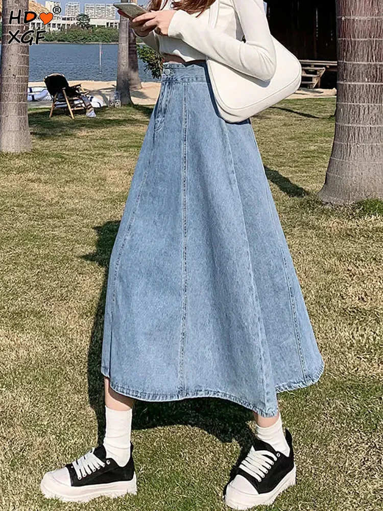 

Vintage Denim Skirt Women Plus Size 3xl Long Jeans Skirt 2023 Elastic Pleated Midi Skirts Casual Loose High Waist A-line Skirts