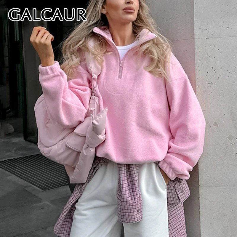 GALCAUR розовые повседневные толстовки для женщин с лацканами и длинными рукавами