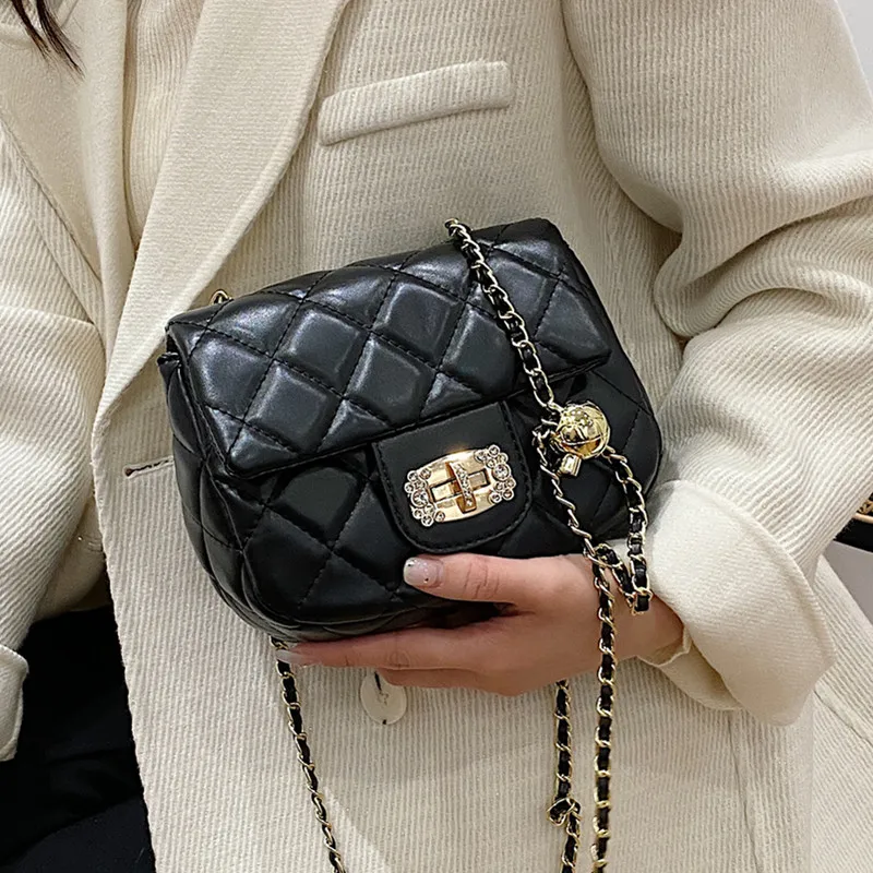 

Diamond Lattice Chain Crossbody Bags for Women Black Quilted Shoulder Bag Luxury Leather Handbag Female Small Flap Messenger Bag