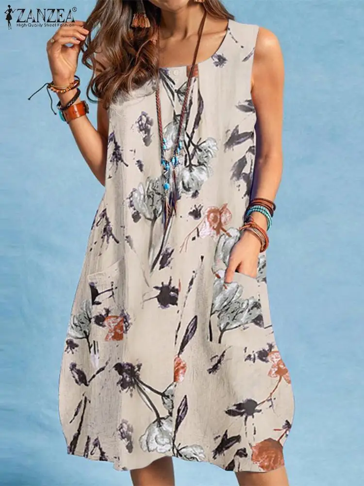 

ZANZEA Summer Sleeveless Sundress Women Bohemian Printed Floral Beach Dress Vintage Loose Baggy Tanks Vestidos Casual Sarafans
