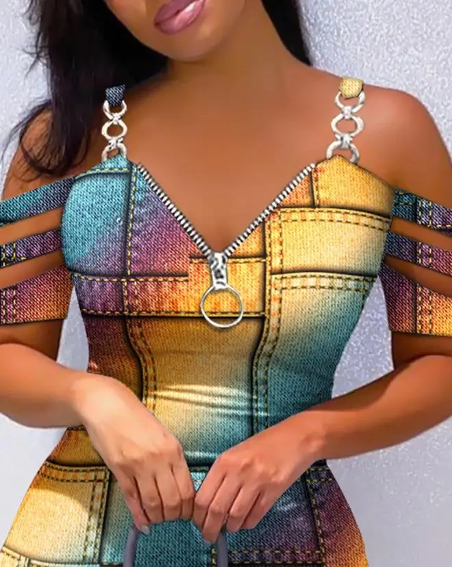 

Sexy 2023 Hot Selling Women's Wear New Spring/summer Rainbow Denim Style Printed Cold Shoulder Short Sleeve Tight Dress