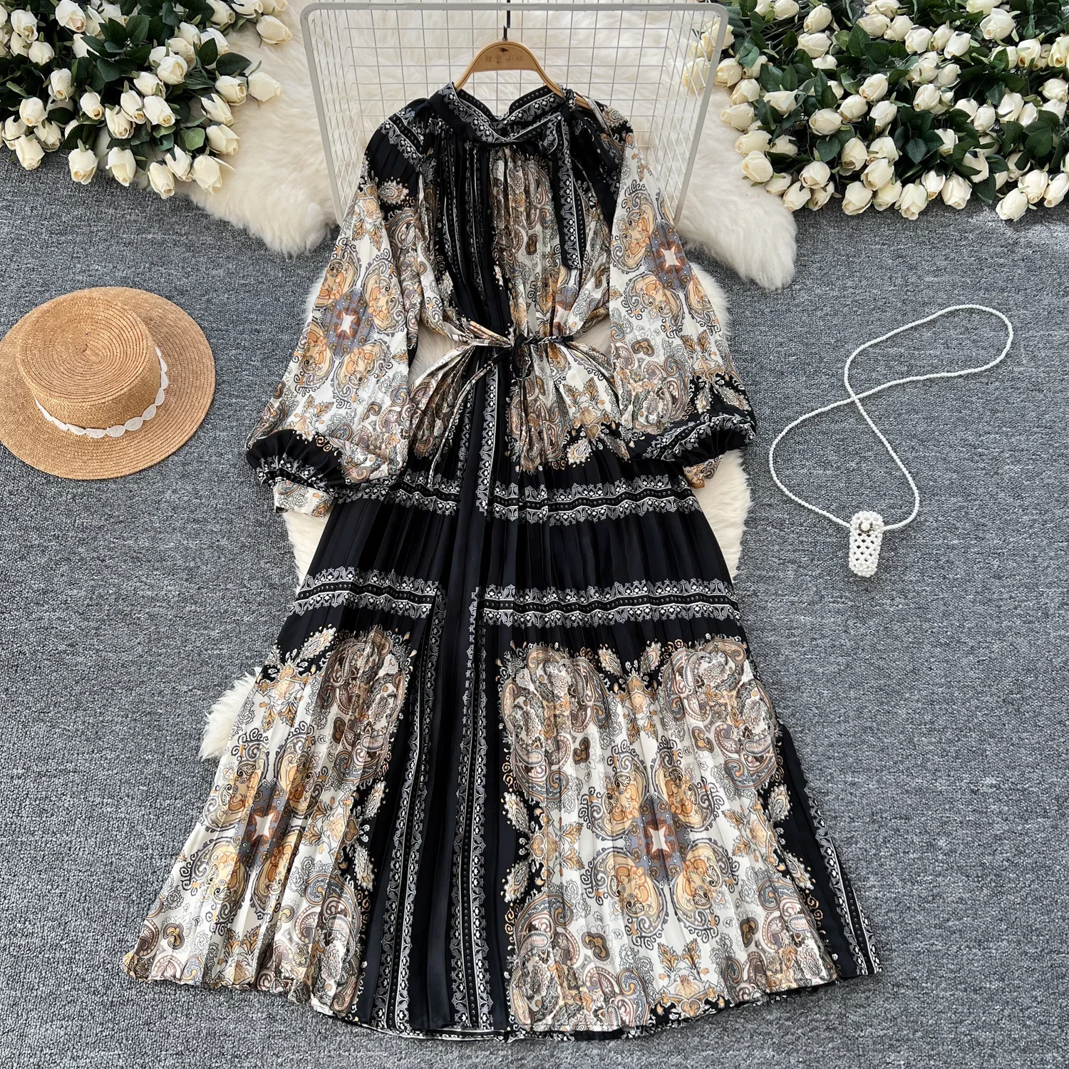 Винтажное стильное платье с принтом женская осенняя завязанная плиссированная