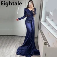exquisite long sleeve evening dress 2022 sparkly beading elegant mermaid navy blue satin dubai women formal party evening gown