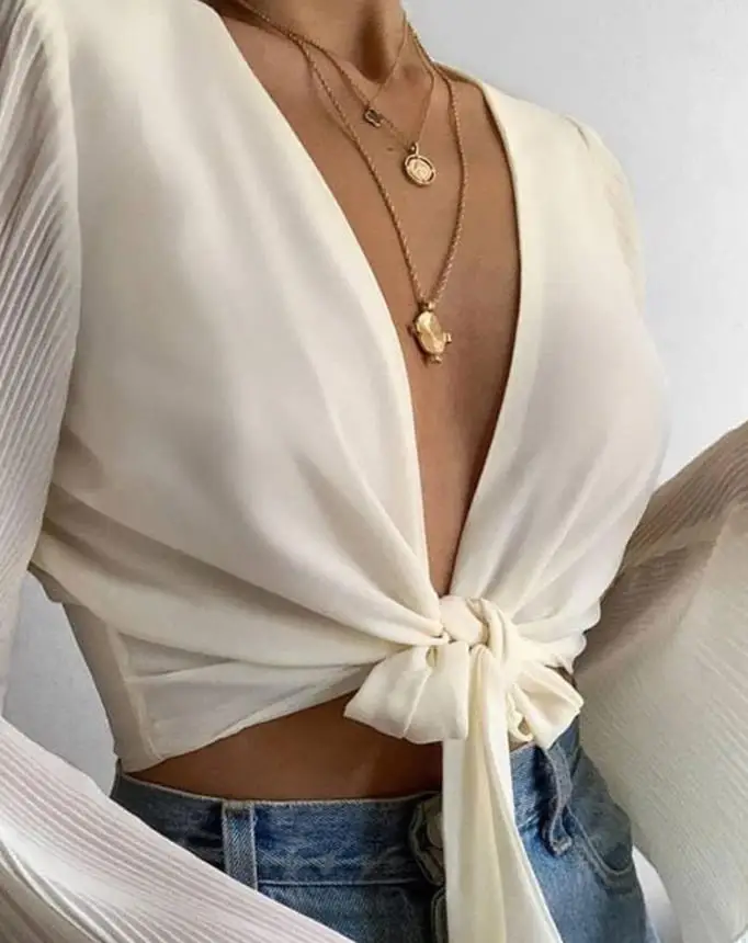 

Women's Blouse Tied Detail Casual Bell Sleeve Plunge V Neck Long Sleeve Plain Daily Top Spring 2022