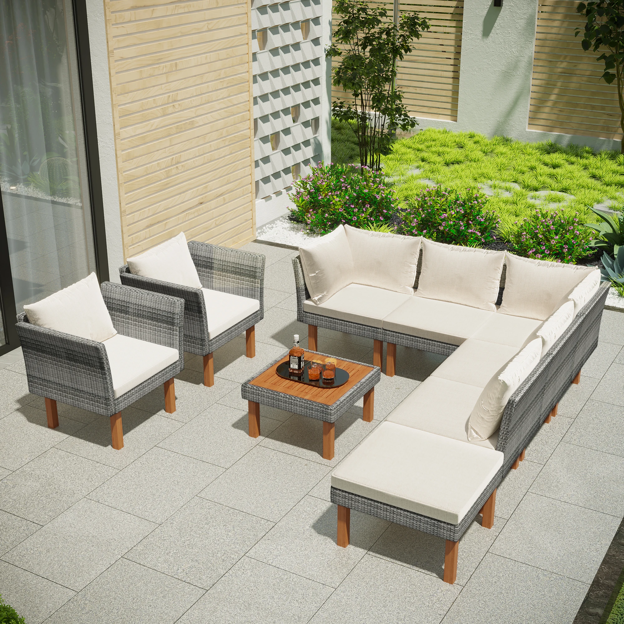 9-Piece Outdoor Patio Garden Wicker Sofa Set, Gray PE Rattan