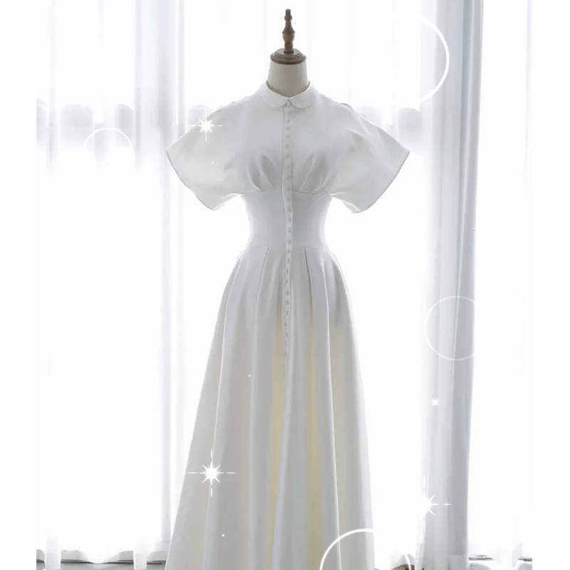 

14472#VAN White A-LINE Elegant Classic Satin Empire Tie-Up Wrap Button Formal Dress Prom Gown Evening Dresses 100% Real Picture