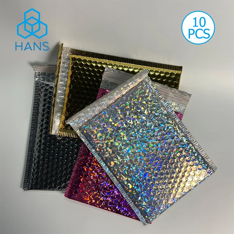 10 Pieces Metallic Bubble Mailers Holographic Padded Envelope Shipping Bags Glitter Rainbow Poly Mailers for Packaging Mailing