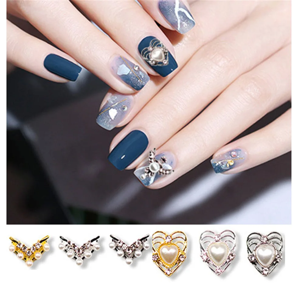 

10pcs Heart Shaped Designer Charms For Nail Art V Shape Alloy Heart Nail Charms With Pearl Rhinestones Shinny Manicure Jewelry