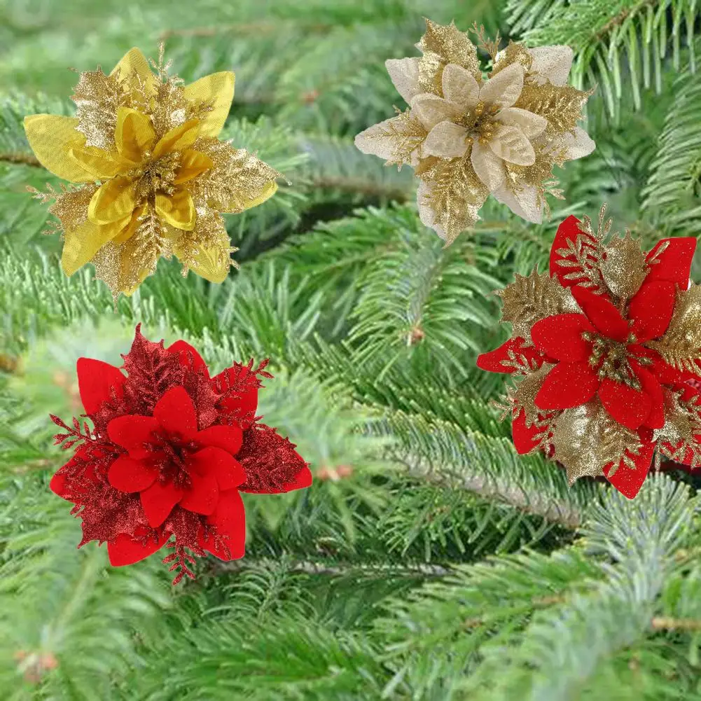 Reusable  Practical Xmas Tree Decor Faux Flower Vibrant Color Christmas Fake Flower Double-layer   Party Supplies