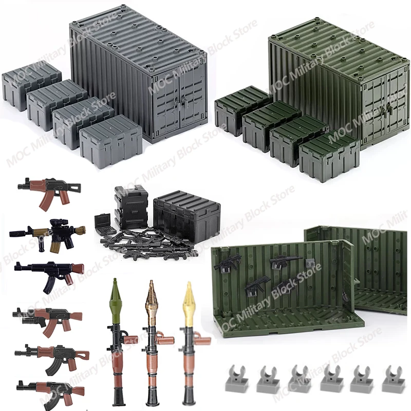 

MOC Military Container Building Blocks Weapons Boxes Equipment Figure Soldier Accessories WW2 Army Bricks Assembly Kids Toys