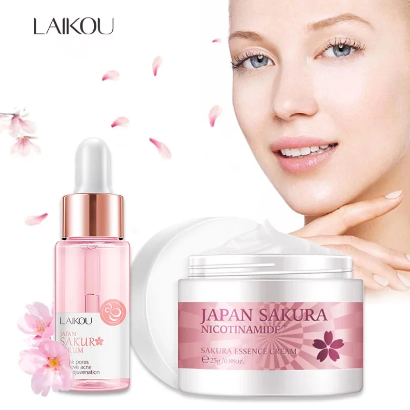 

LAIKOU Sakura Serum And Collagen Face Cream Cherry Blossom Essence Moisturizing Whitening Shrink Pores Anti-Aging Face Care Set